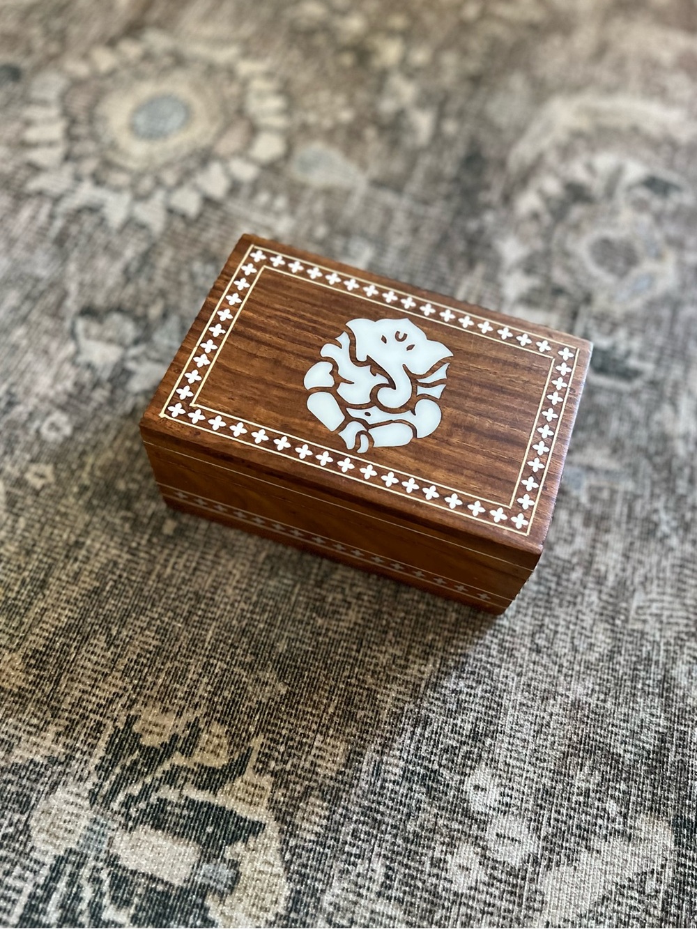 Vintage Indian Inlaid Wooden Jewelry Box with Ganesha Acrylic/Bone Inlay - 6x4